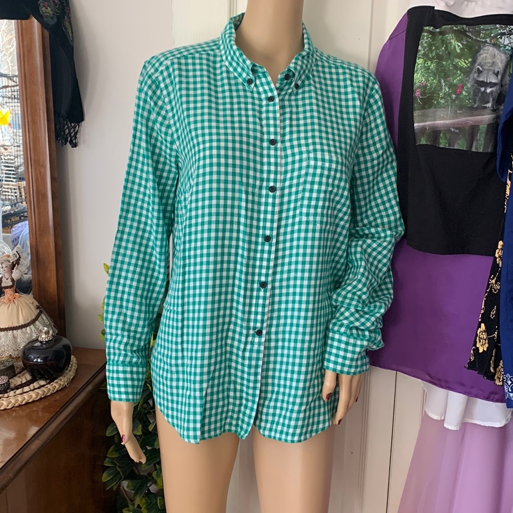 Green gingham button down cotton long sleeve shirt slim fit large